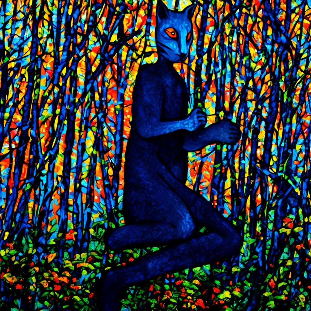 Mystical Grey Cat in Eerie Forest, Surreal Folklore Art