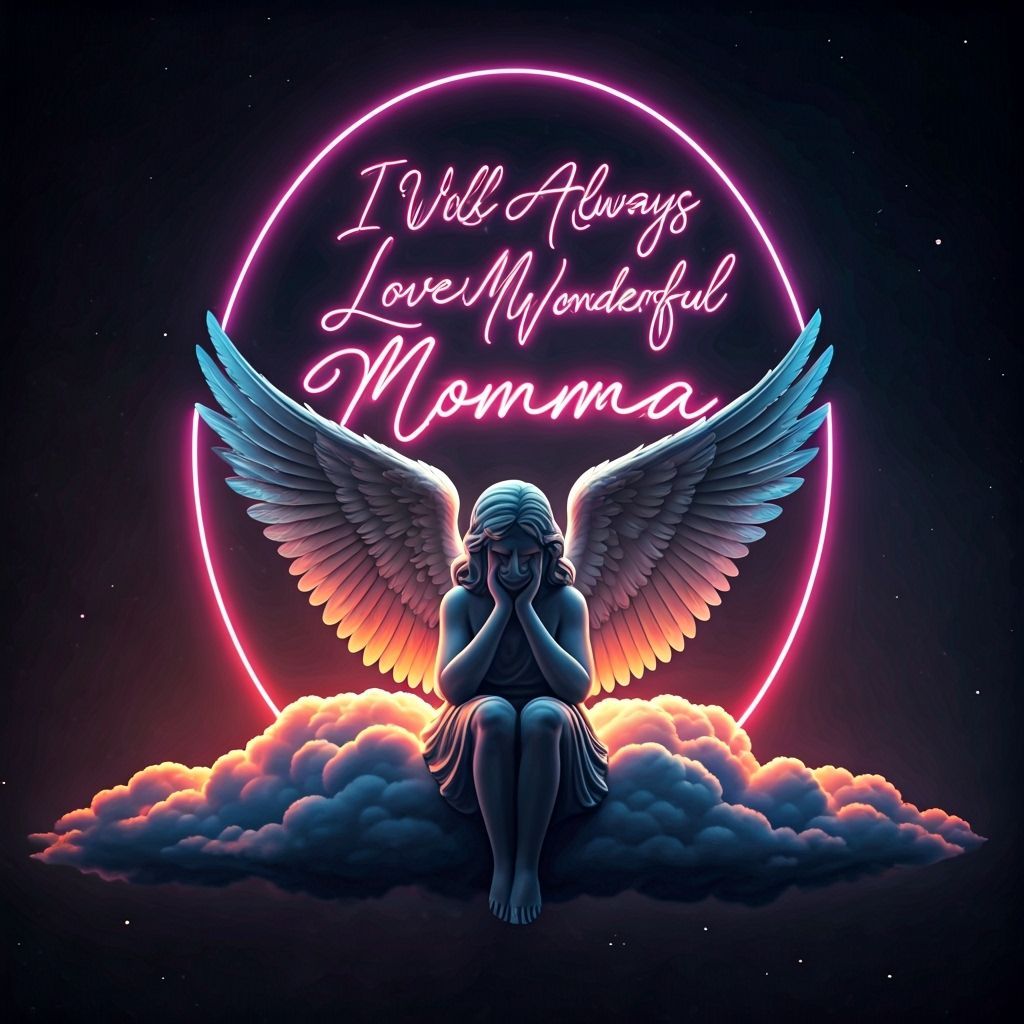 Neon Momma Sign Above Angel on Cloud