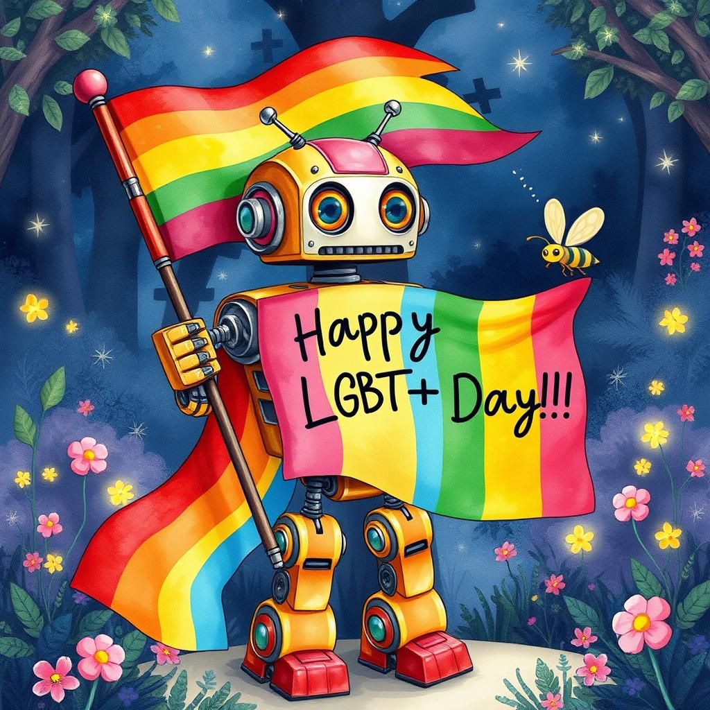 Vibrant Robot Celebrates LGBTQ+ Day in Whimsical Garden
