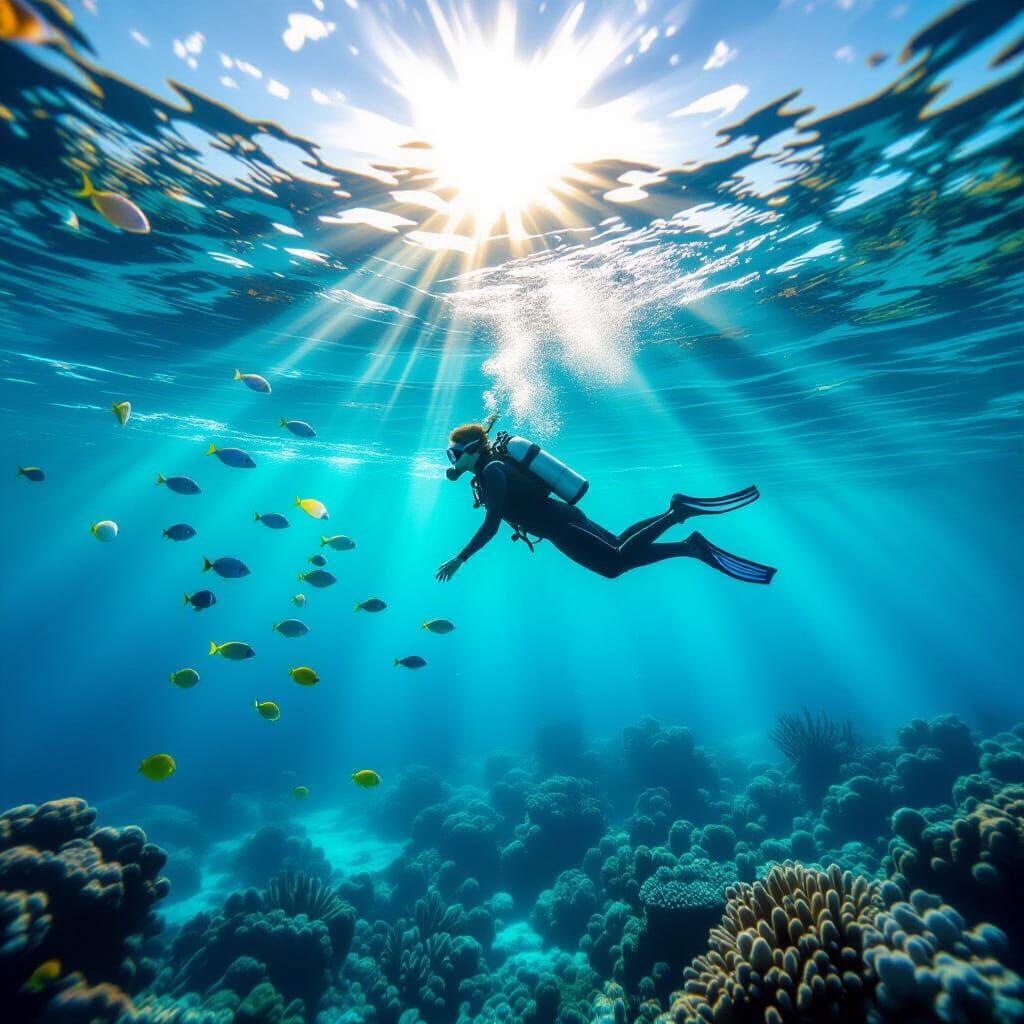 Diver Plunges into Sunlit Ocean Depths