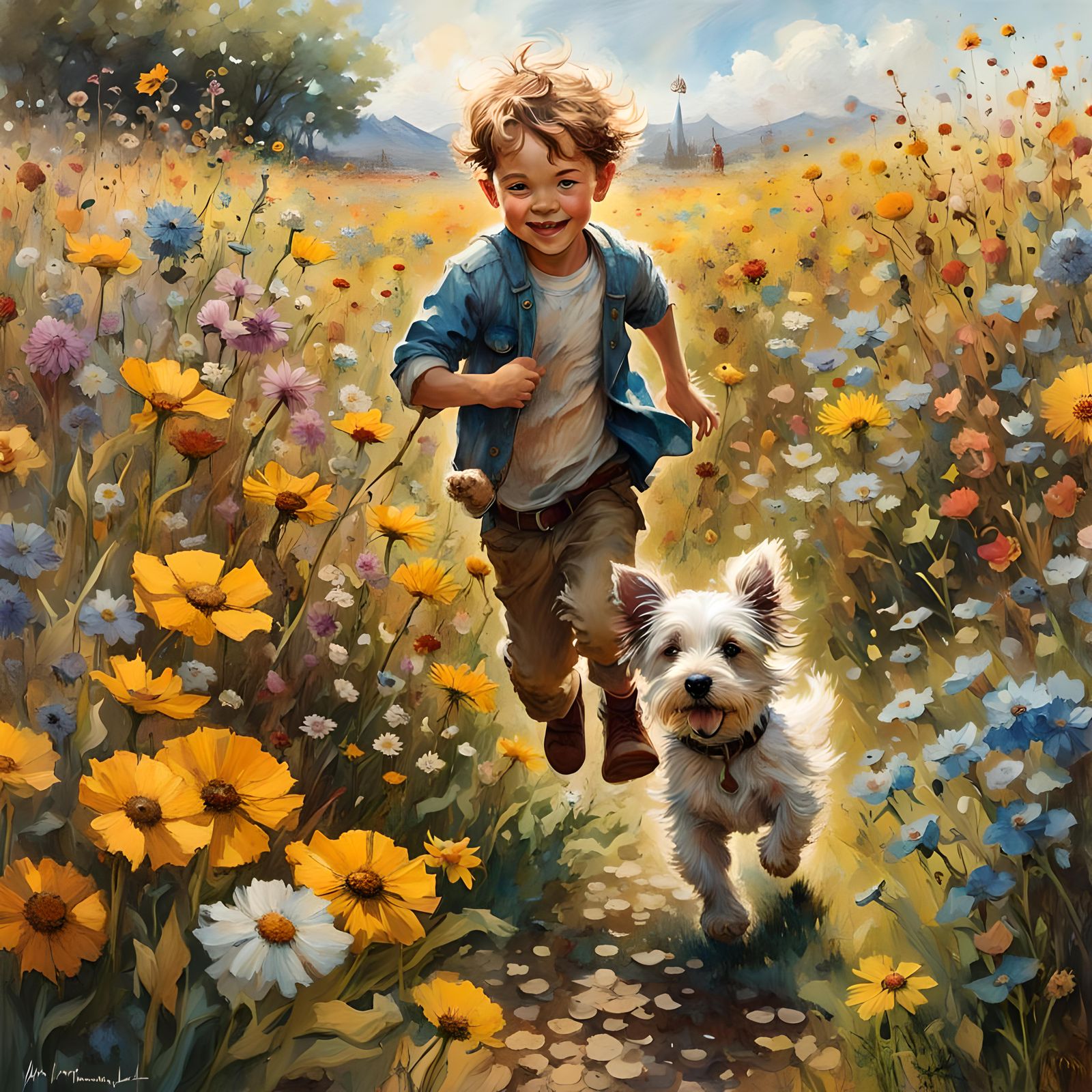 Boy and Puppy Running Through Flower Field