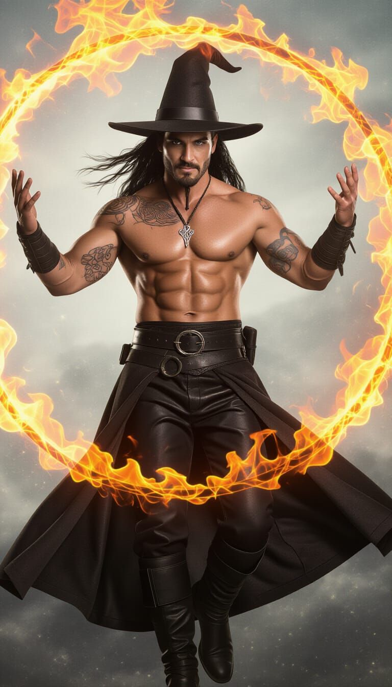 Muscular Male Witch Levitates Amidst Fiery Cyclone