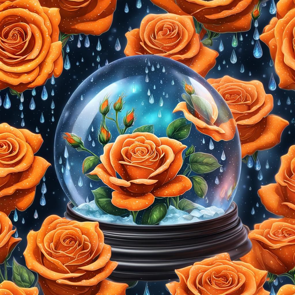 Orange Roses in Snowglobe, Cosmic Illustration