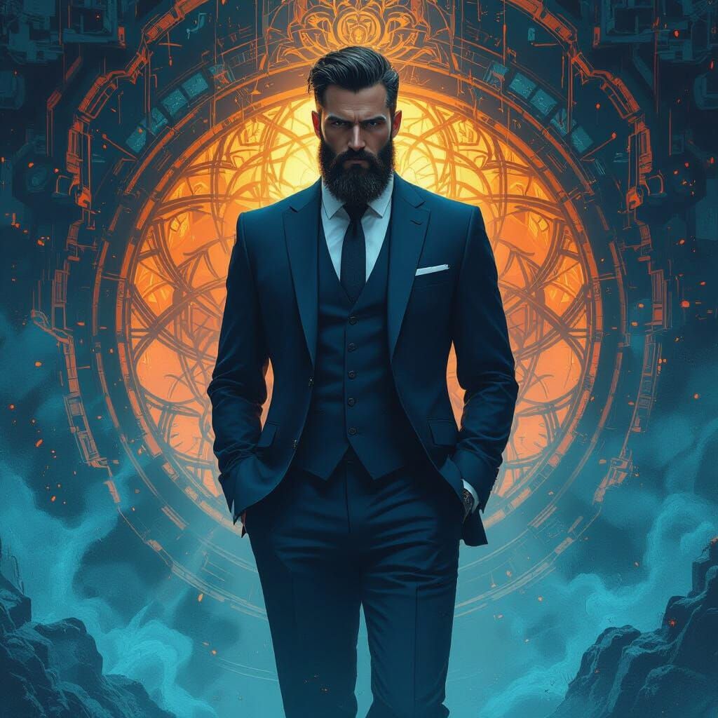 Anime Style Bearded Man in Mystical Setting