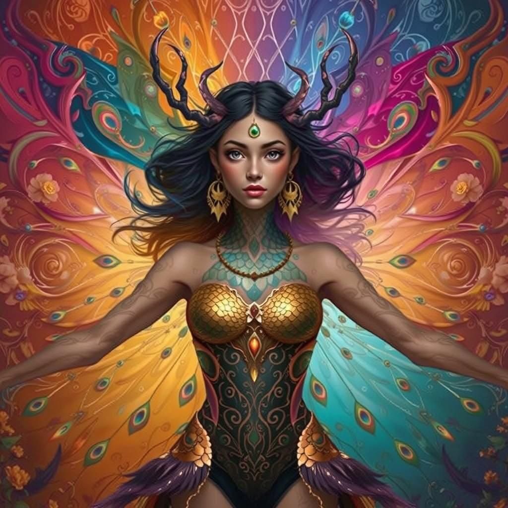 Dragon Peacock Woman with Flowers in Abstract Fauvism