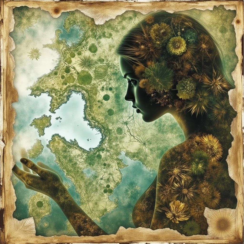 Fantasy Map Landscape with Woman in Shadow Style