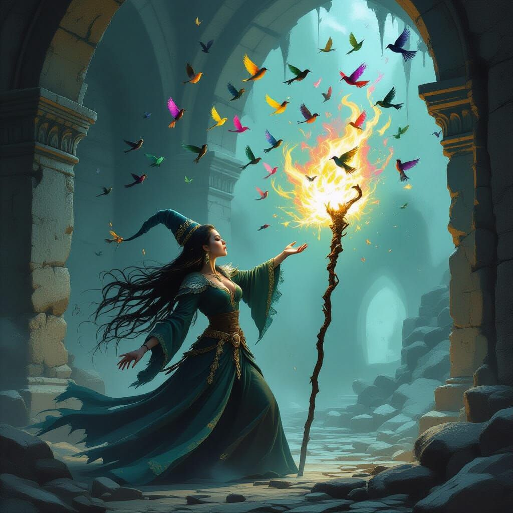 Sorceress's Spell Interrupted by Colorful Birds in Ancient R...