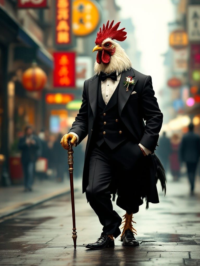 Surreal City Rooster in Tuxedo Struts Down the Street