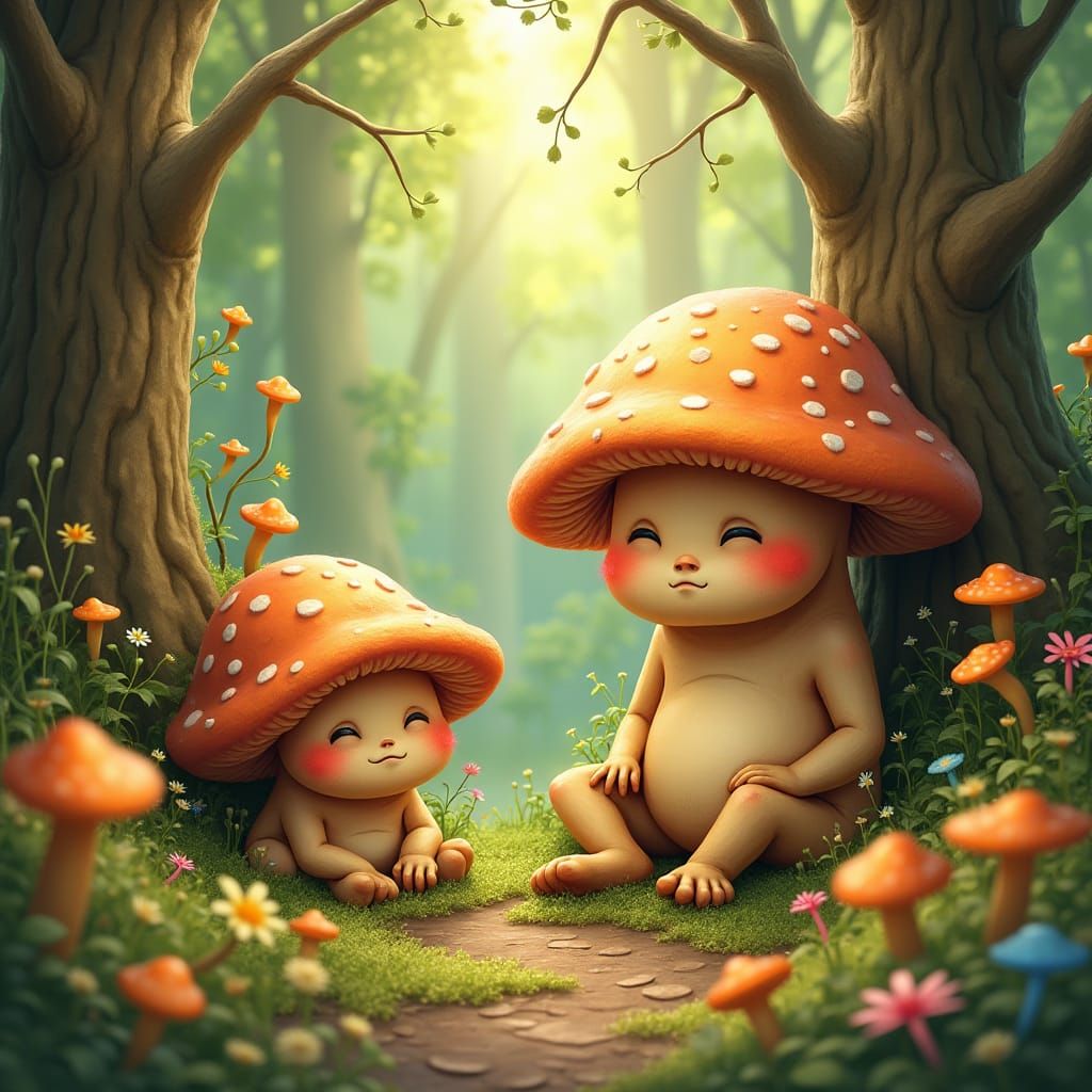 Mushroom Beings in Sun-Dappled Clearing, Dreamy Art