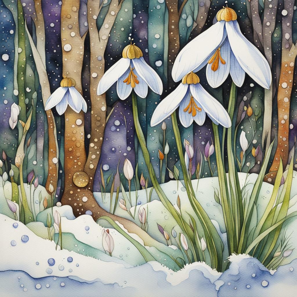 Snowdrop and Crocus in Watercolor Folk Art