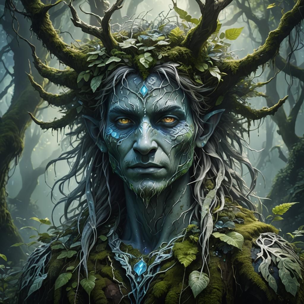 Ethereal Forest Spirit in Silver: Digital Portrait