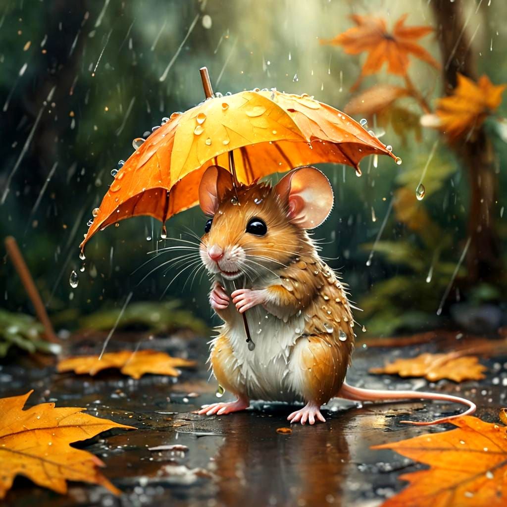 Elegant Wet Mouse Holds Autumn Leaf Umbrella on Rainy Day