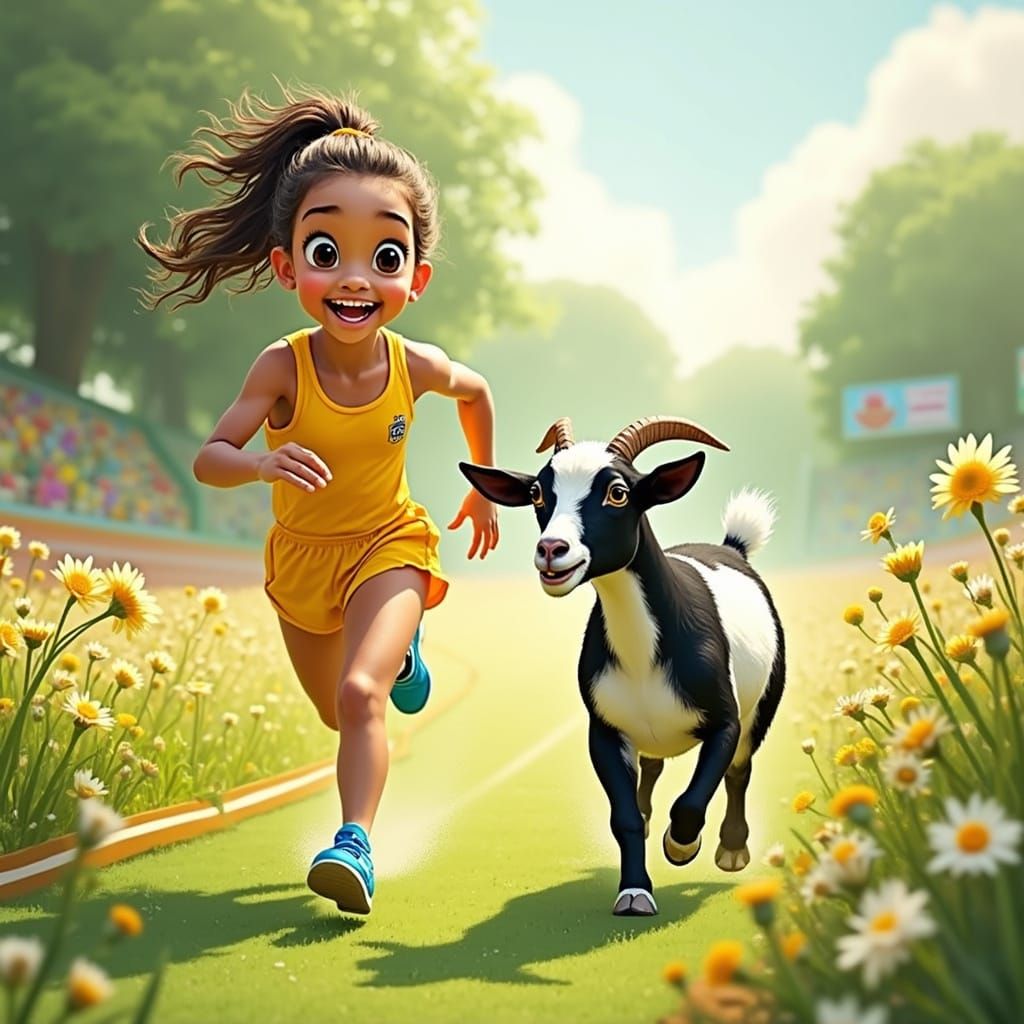 Vibrant Young Athlete and Goat Sprint Towards Finish Line