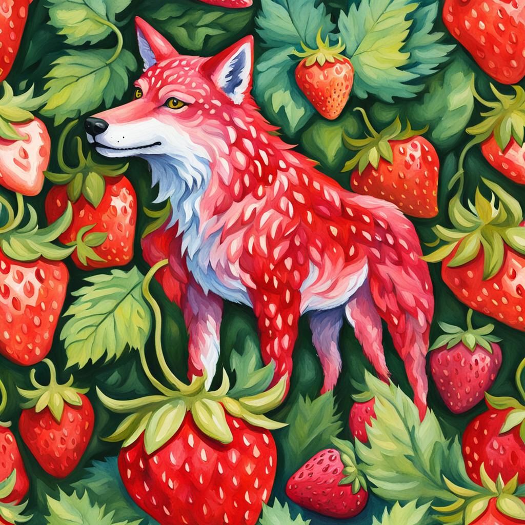 Giant Strawberry Wolf in Gouache Style