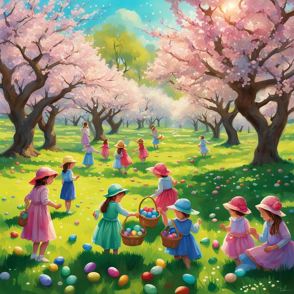 Egg hunters clad in vibrant Easter attire swarm a lush, emer...