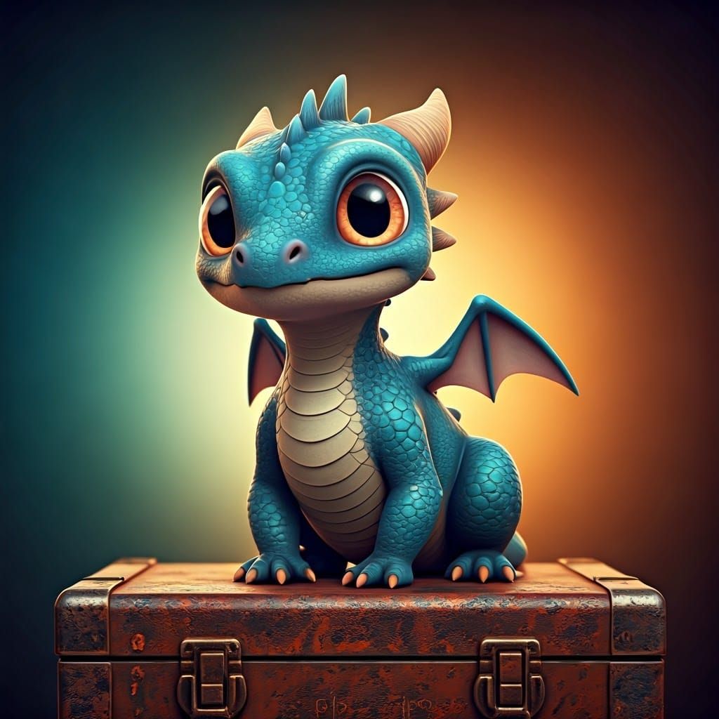 Blue Baby Dragon on Railway Box in Pixar Style