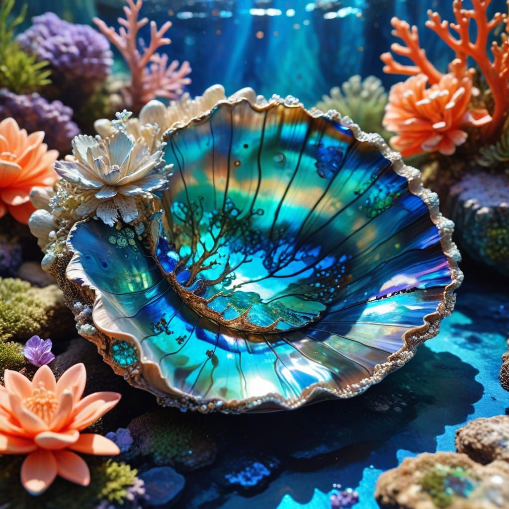 Iridescent Abalone Shell in Coral Garden, Alcohol Ink Art