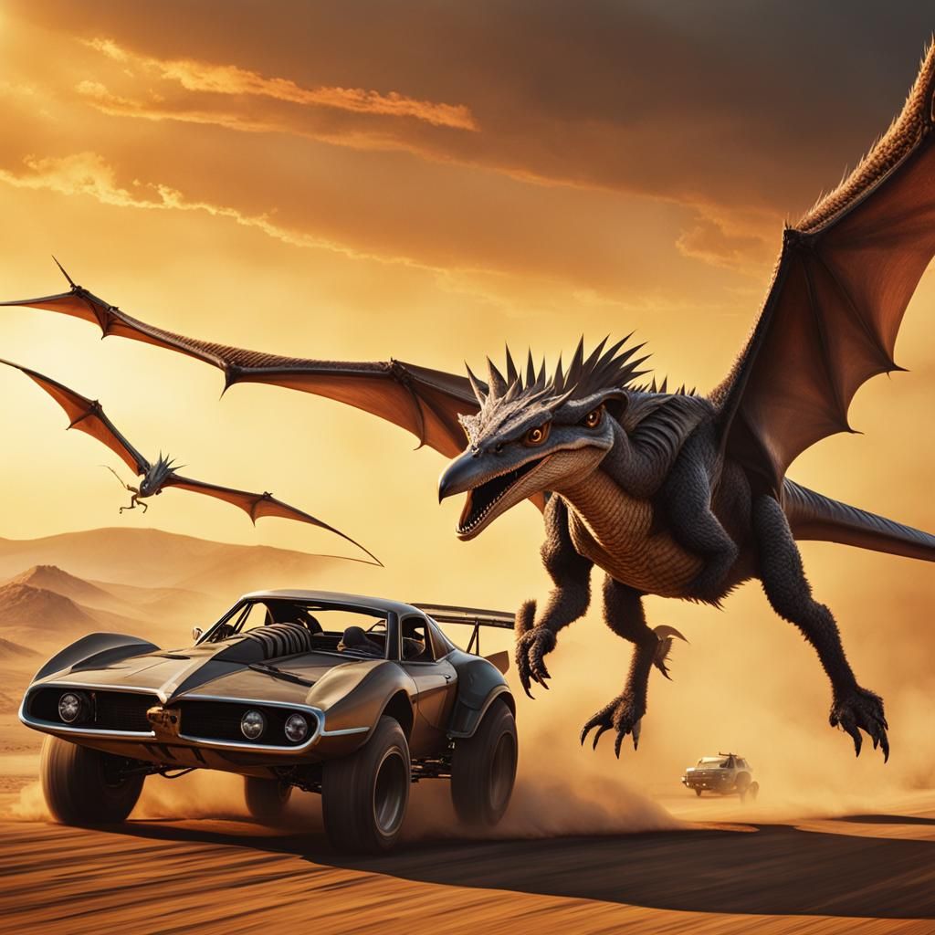 Pterodactyl Dragon Races Cars on Mad Max Racetrack
