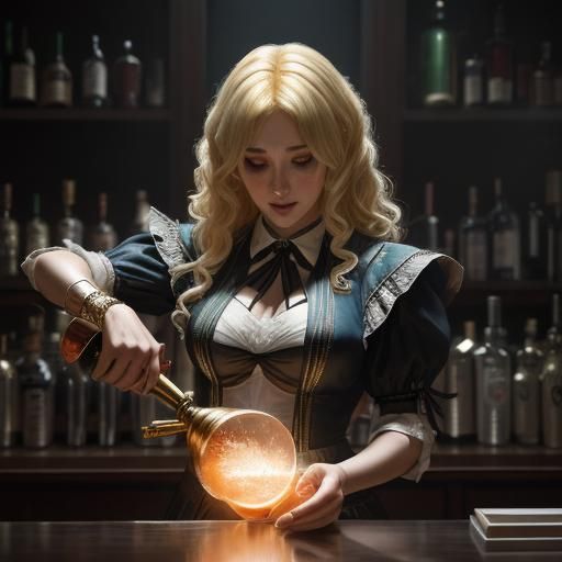 Statuesque Blonde Bartender Mixing Alchemical Cocktails
