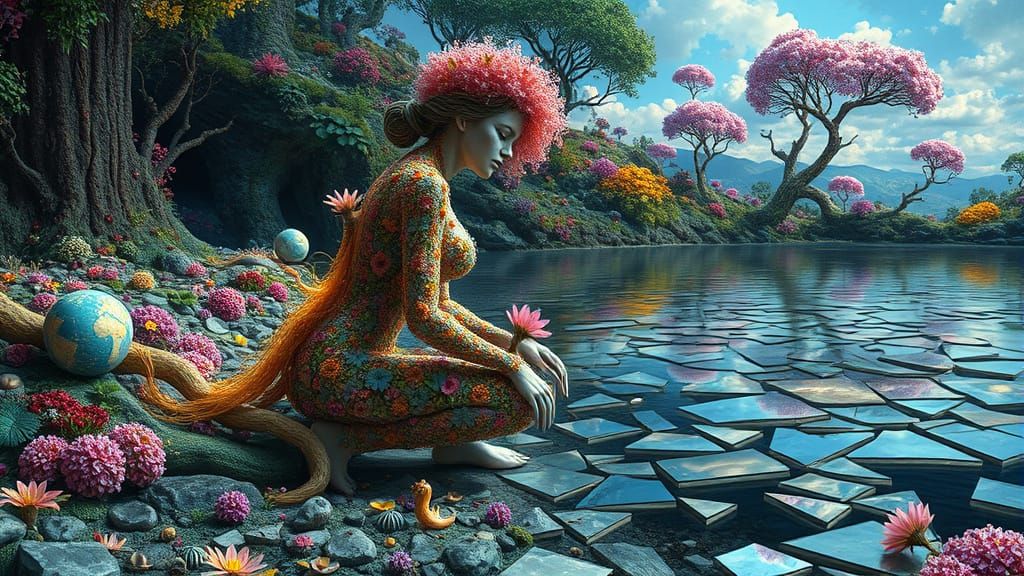 Bio-Art Sculpture: Woman Merged with Dreamlike Landscape