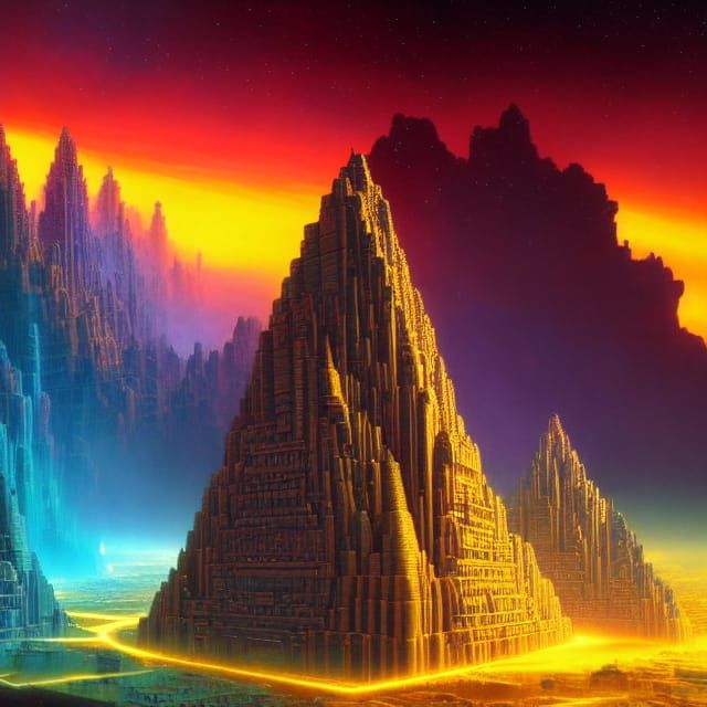 Cosmic Ancient Space City in Fractal Bismuth Style