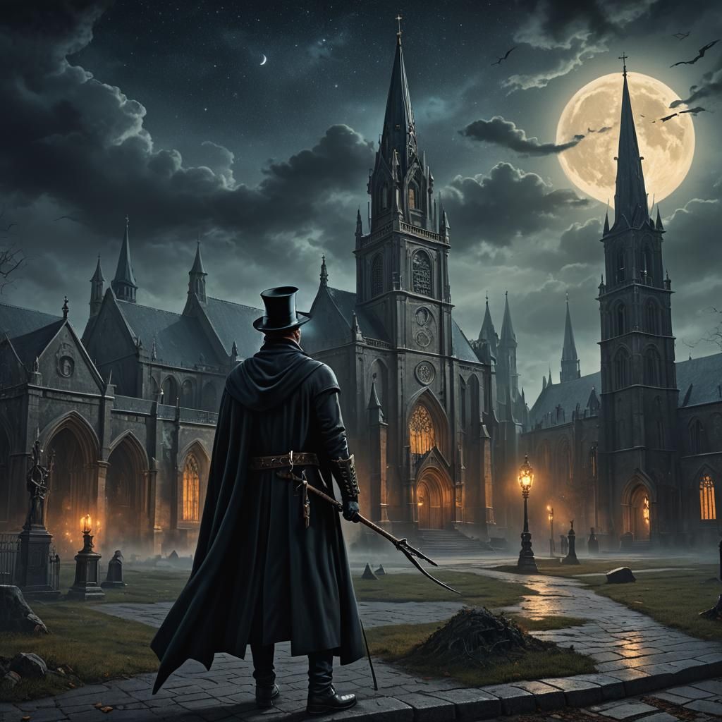 Mysterious Renaissance Man with Trident at Midnight