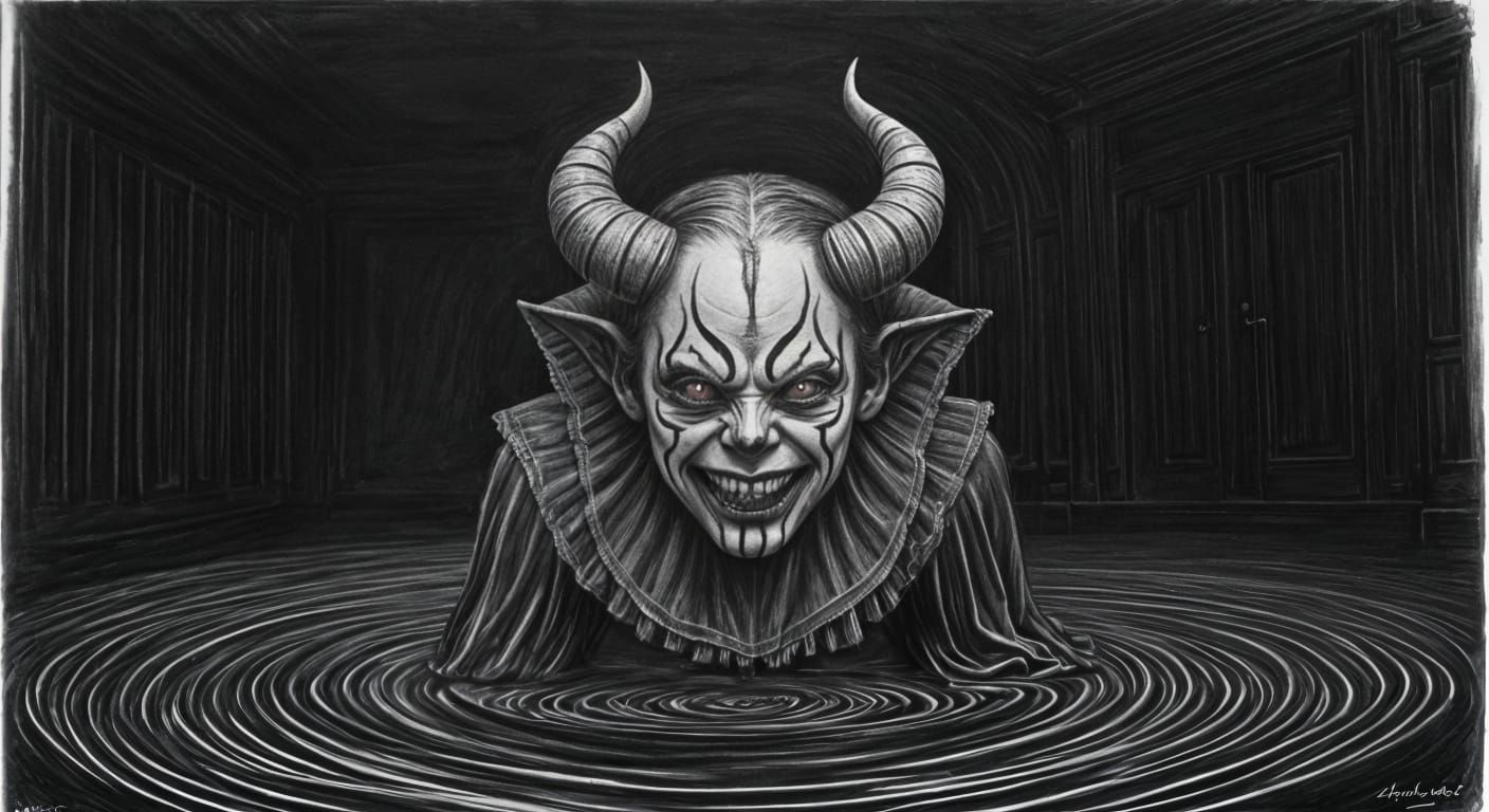 Monochrome Ballerina Demon Rising in Creepy Room