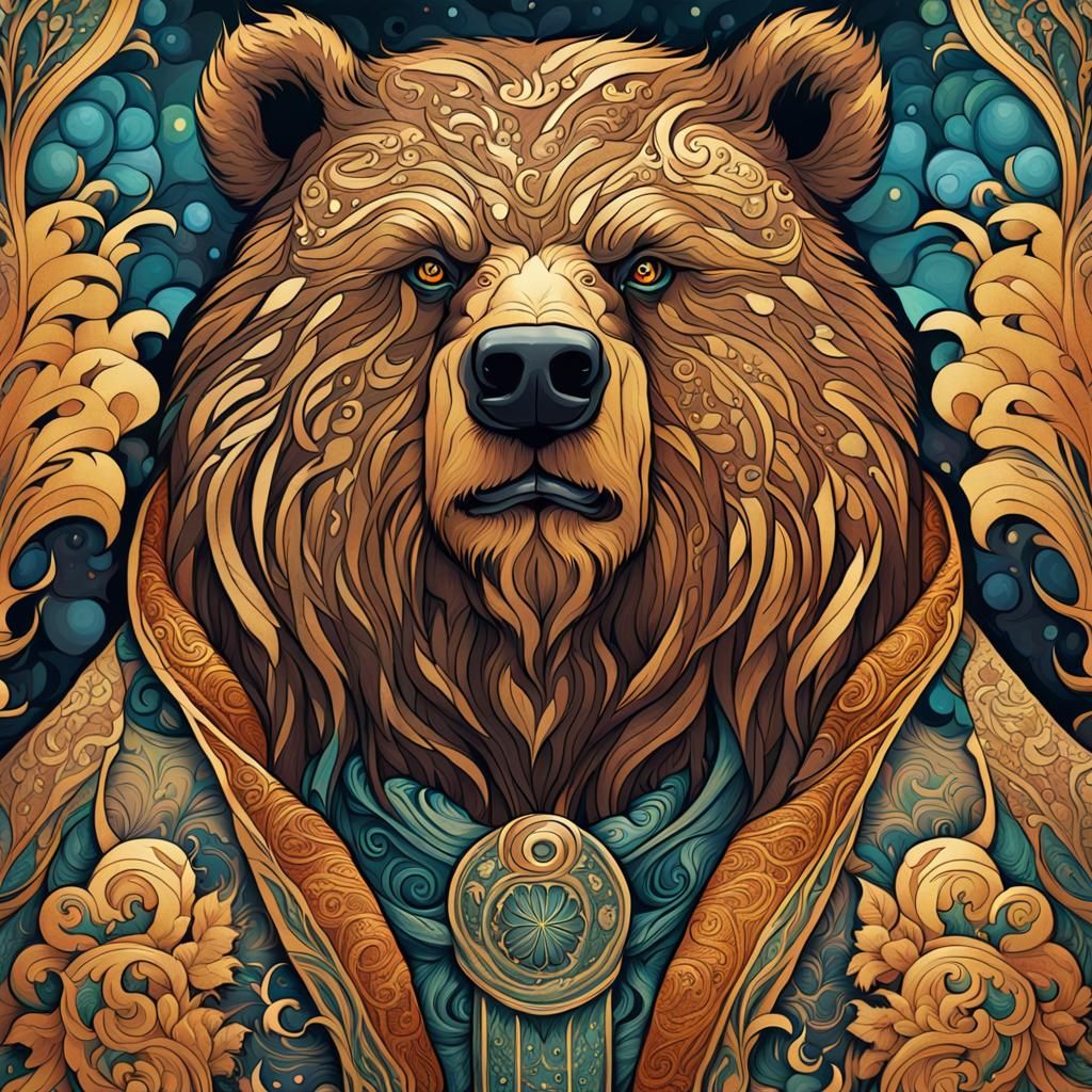 Art Nouveau Werebear Portrait in Gold