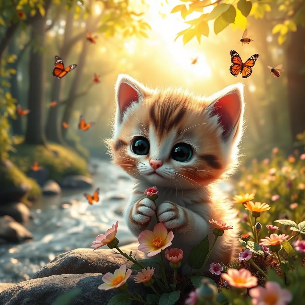Cute Kitten Plays with Flower in Sunny Forest