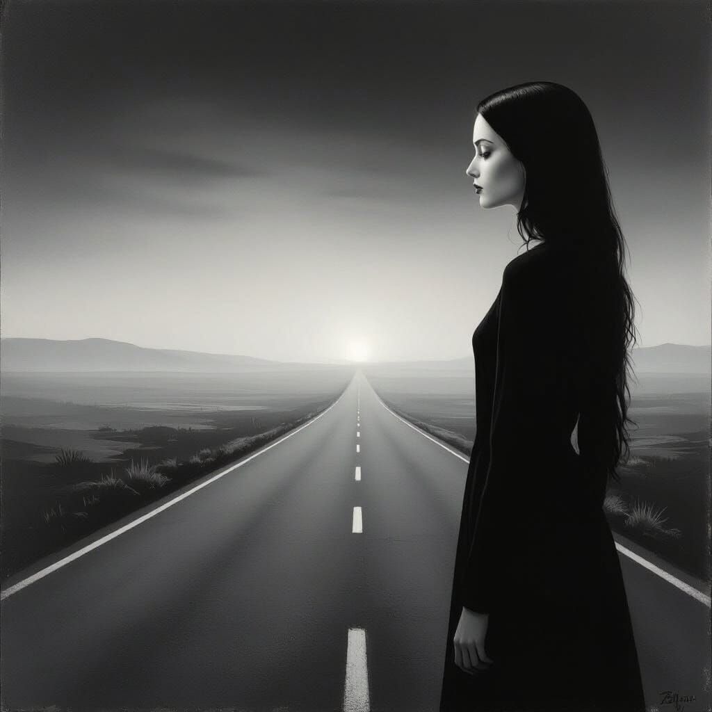 Surreal Woman Seeks Hope on Endless Road