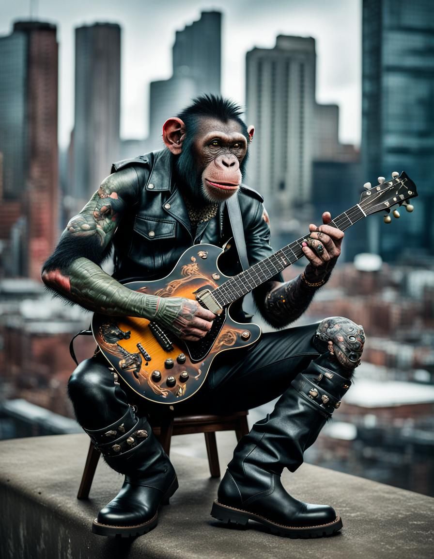 Chimpanzee Guitarist in Hyperrealistic Portrait