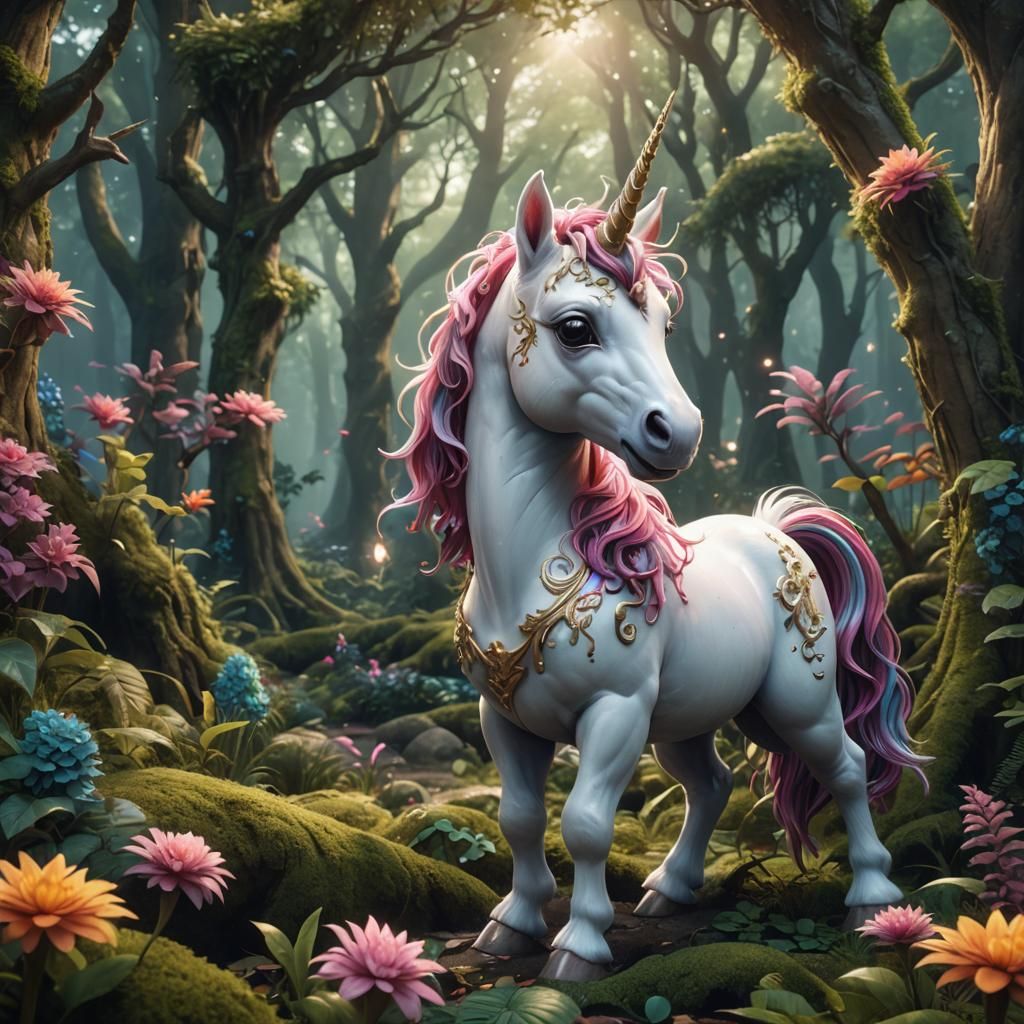 Adorable Baby Unicorn in Mystical Forest