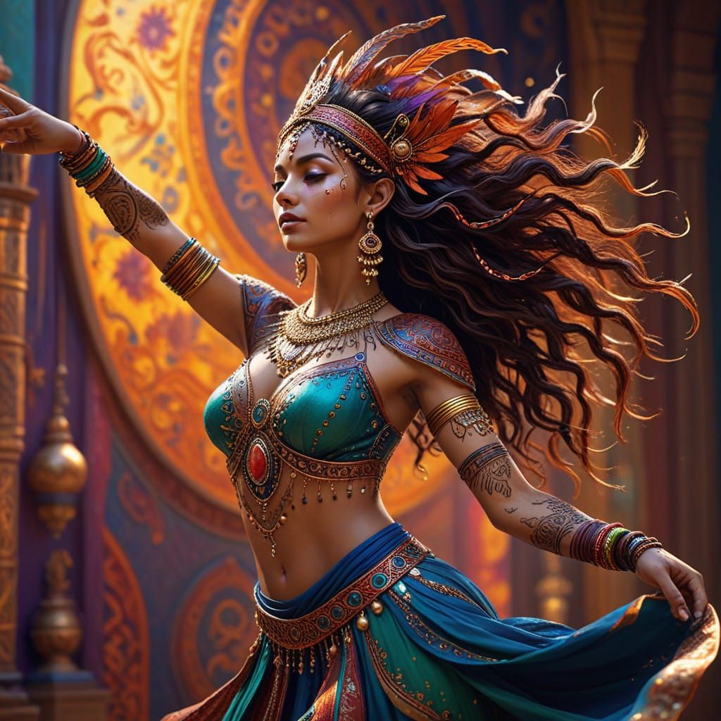 Vibrant Dancer with Elaborate Henna Designs in a Hyper-Reali...