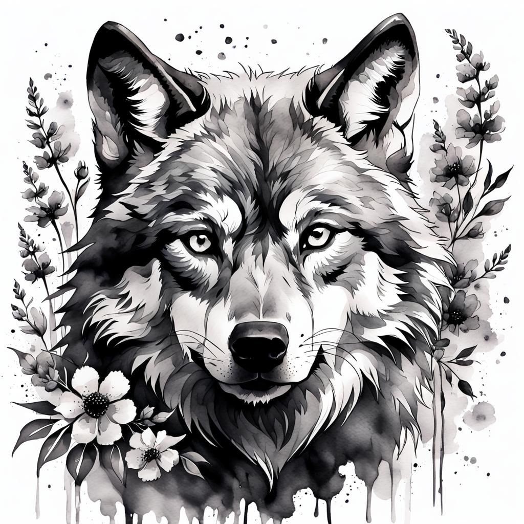 Monochrome Wolf Portrait with Flowers in Watercolor