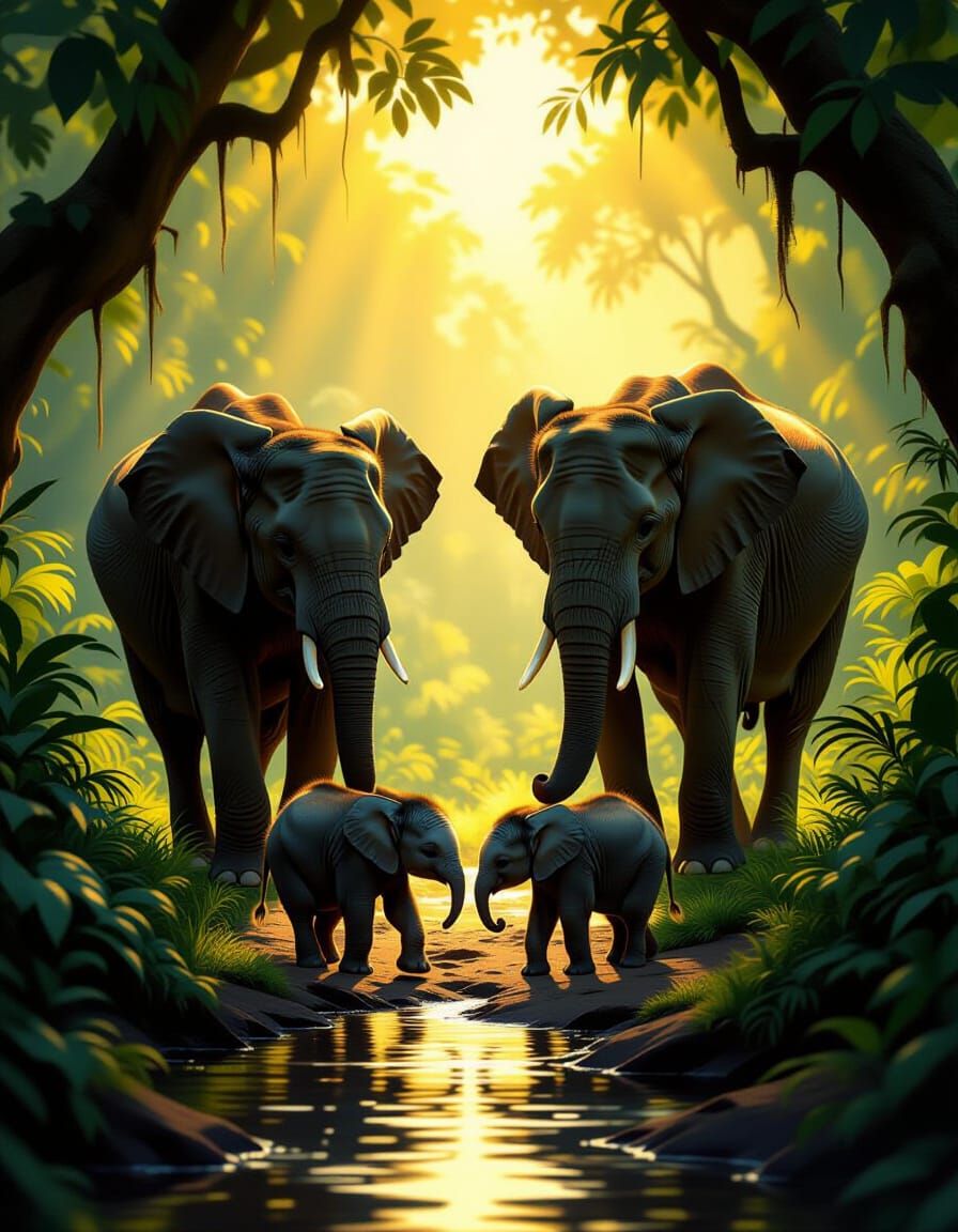 Baby Elephants' First Steps in a Sun-Dappled Jungle