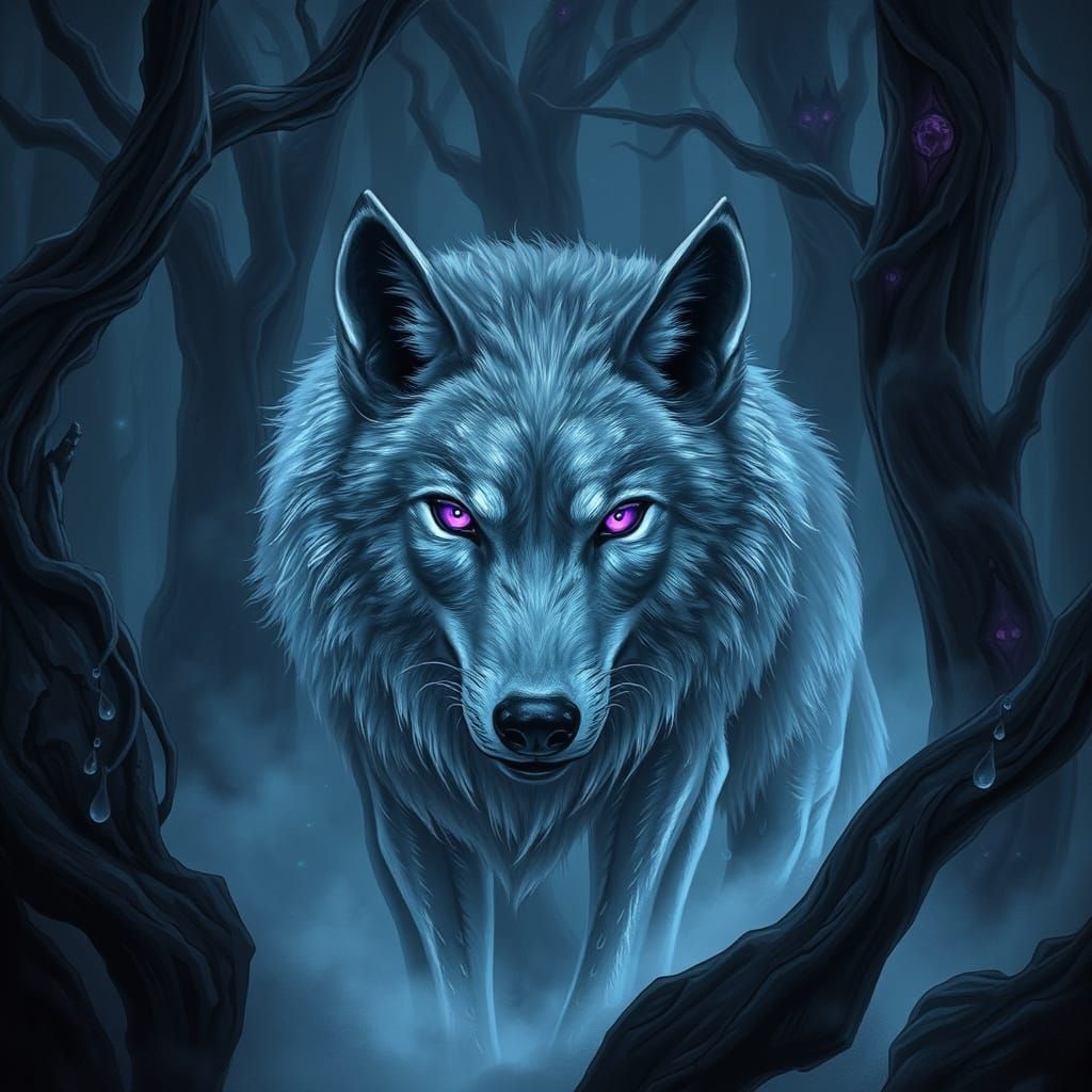 Mystical Wolf in Shadowy Forest, Magical Realism