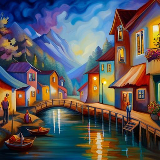 Colorful Mountain Village at Sunset: Pastoral Scene