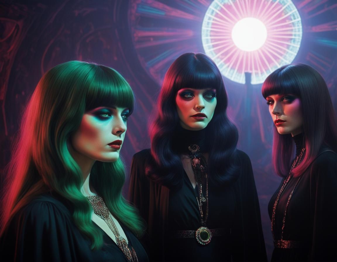 Pink Gel-lens lighting; Retro 1970s babes; Crepuscular 1970s psychedelic seance scene; witchy haircuts and elaborate bla...