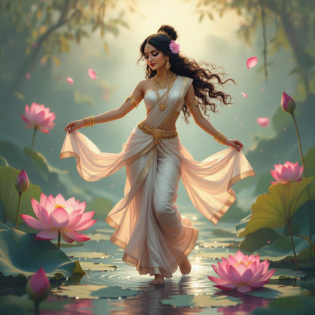 Indian Fairy Dancing in Lotus, Dreamy Art Style