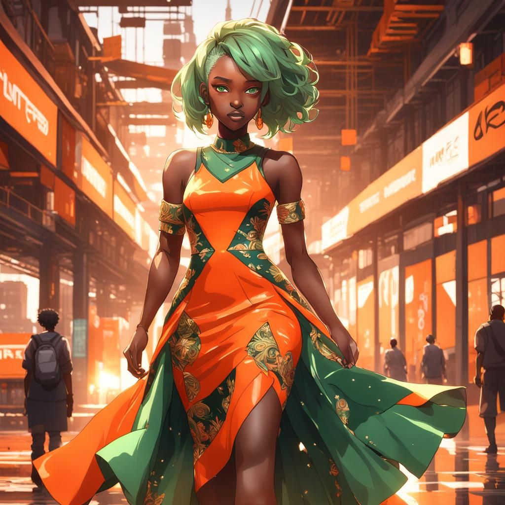 Anime Style African American Woman in Orange Dress