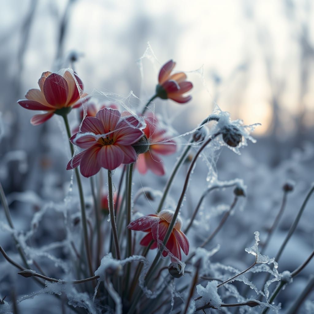Frozen Flowers in Winter Garden with Cobwebs