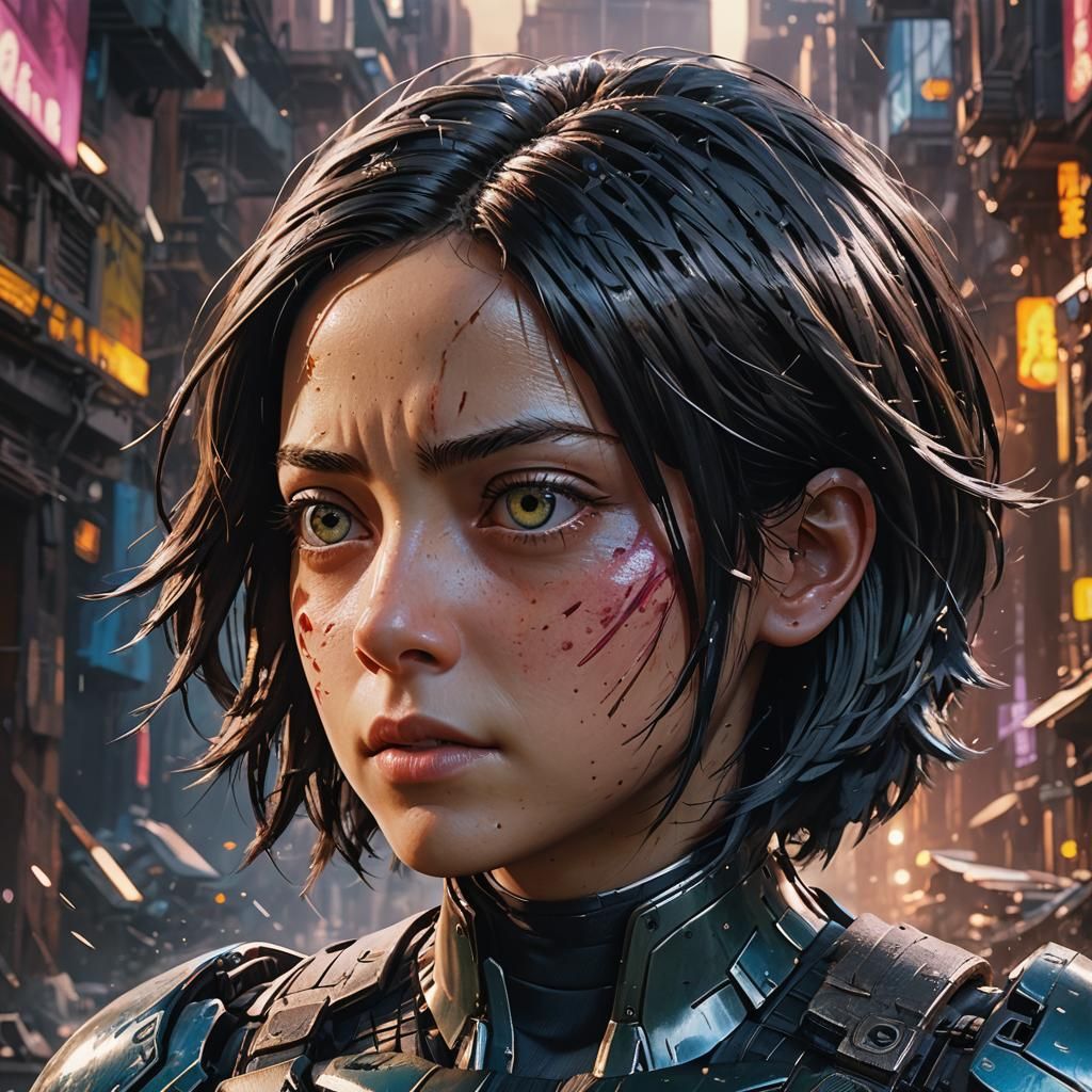 Hyperrealistic Alita Portrait in Splash Art Style