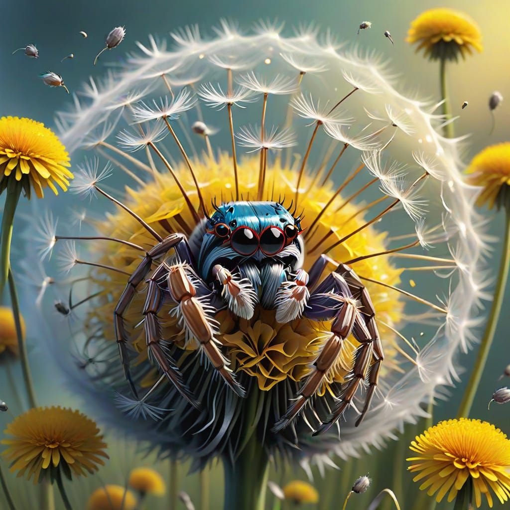 Hyper-Realistic Dandelion Spider Scene in Cyberpunk Style