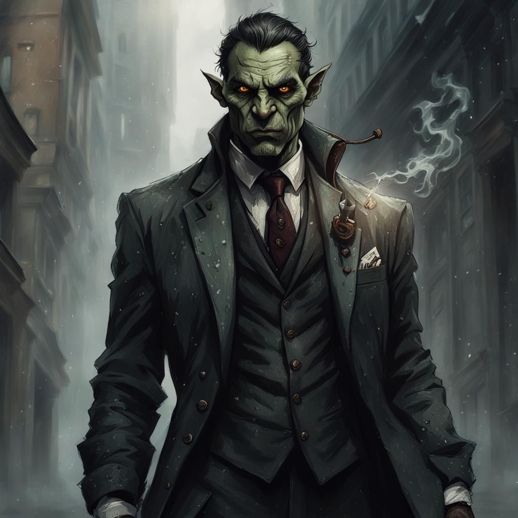 Half-Orc Detective in Dark Fantasy Style