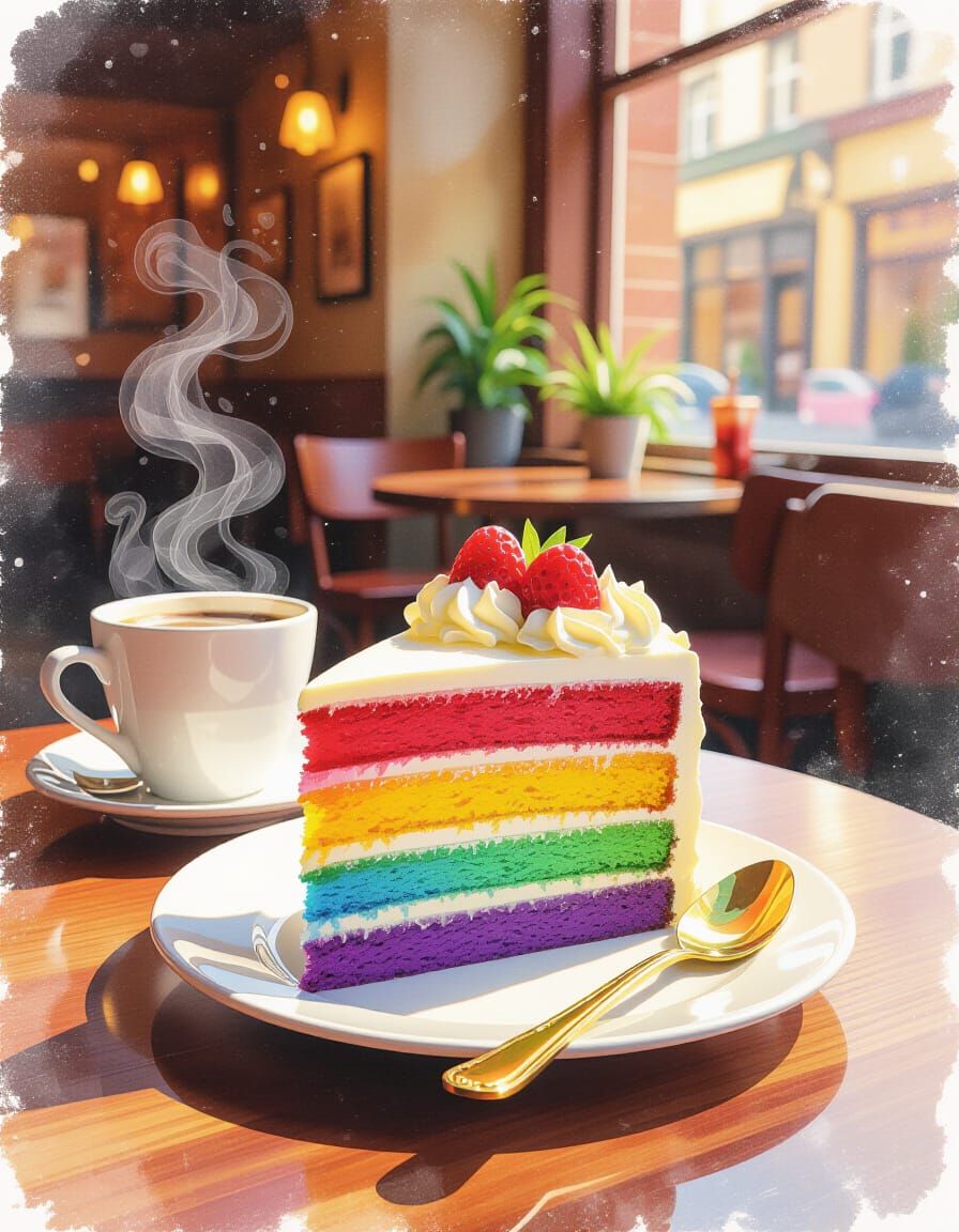 Rainbow Cake in Cafe: Watercolor Splash Art