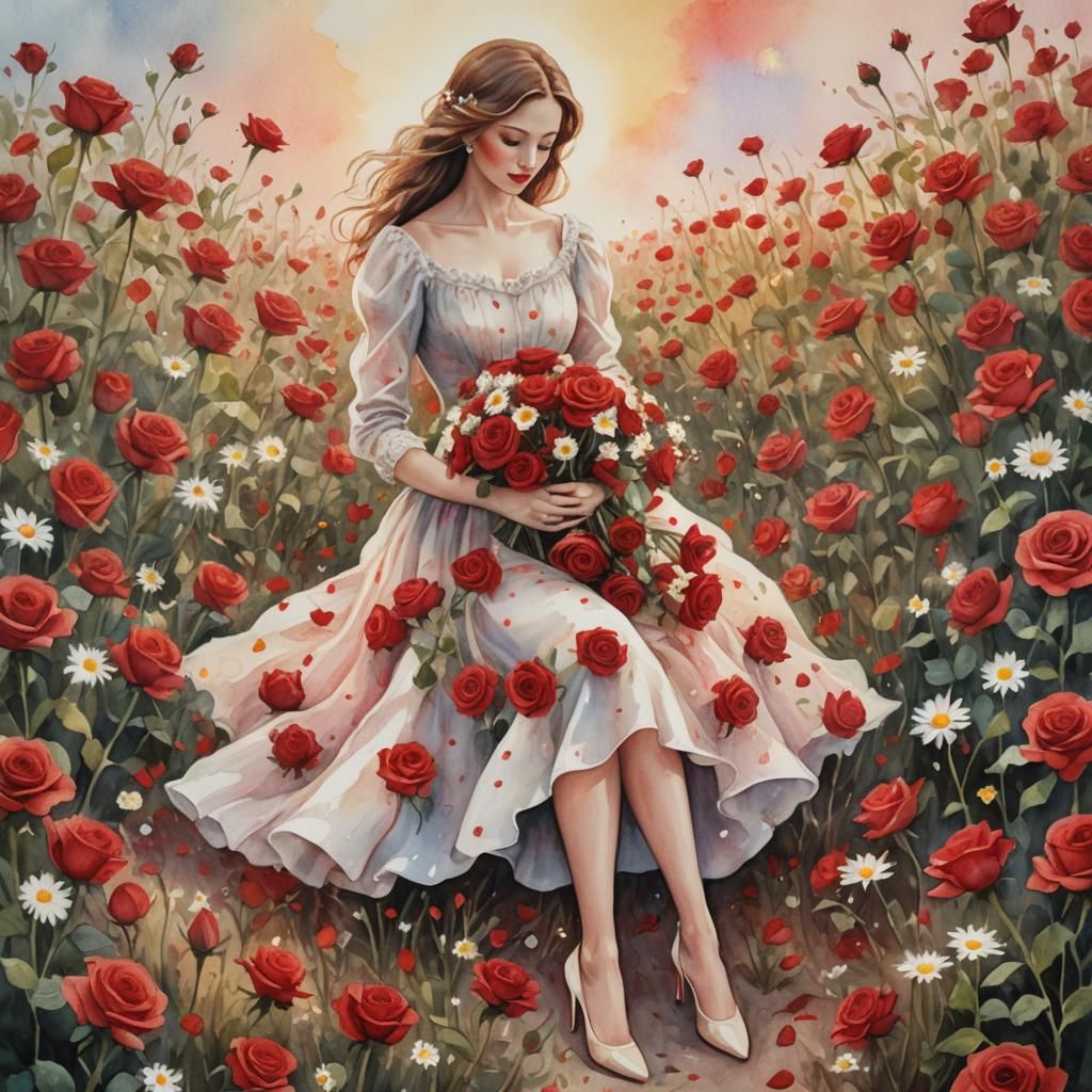 Surrealist Woman with Roses in Watercolor Style
