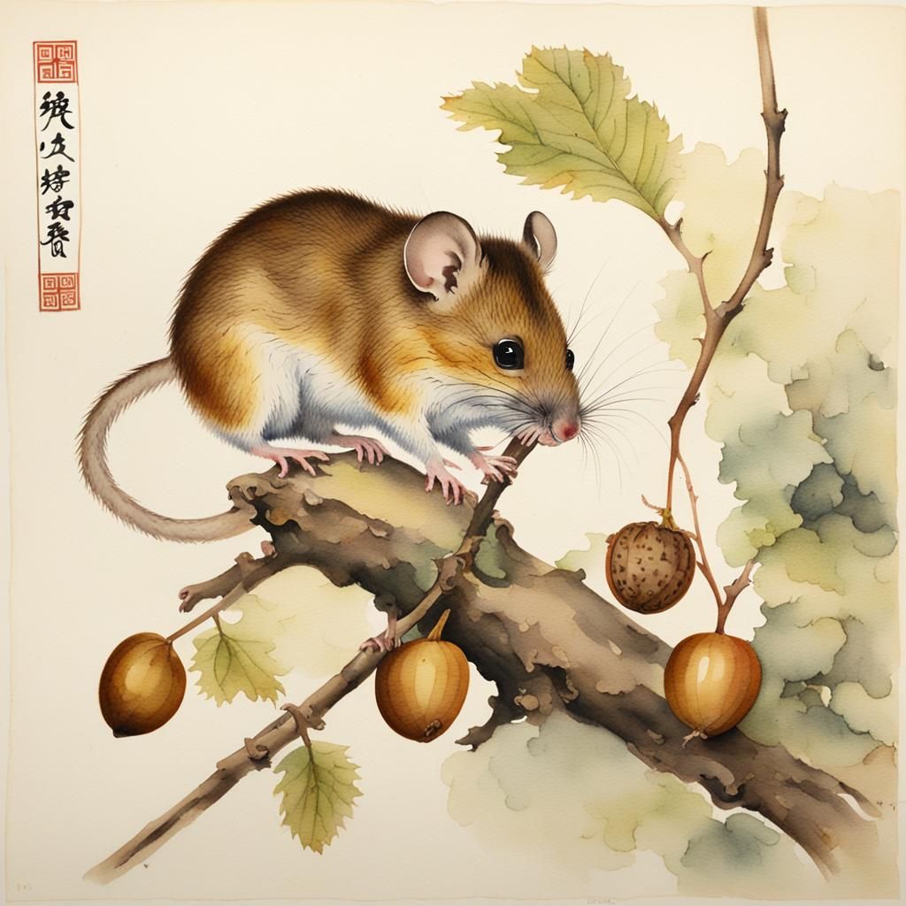Field Mouse Eating Acorn in Chinese Watercolor