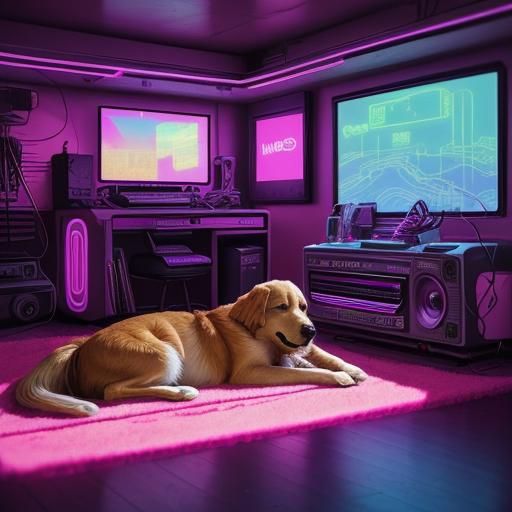 Golden Retriever in Vaporwave Retro Home