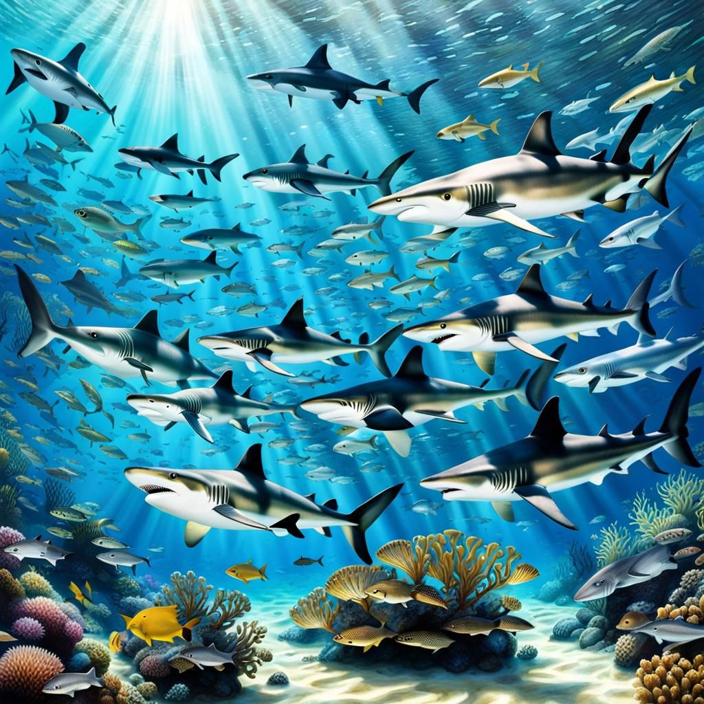 Under the sea, school of sharks on a feeding frenzy, sunken ...