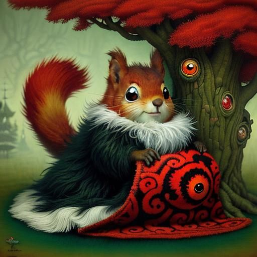Surreal Red Squirrel in Magical Arboretum